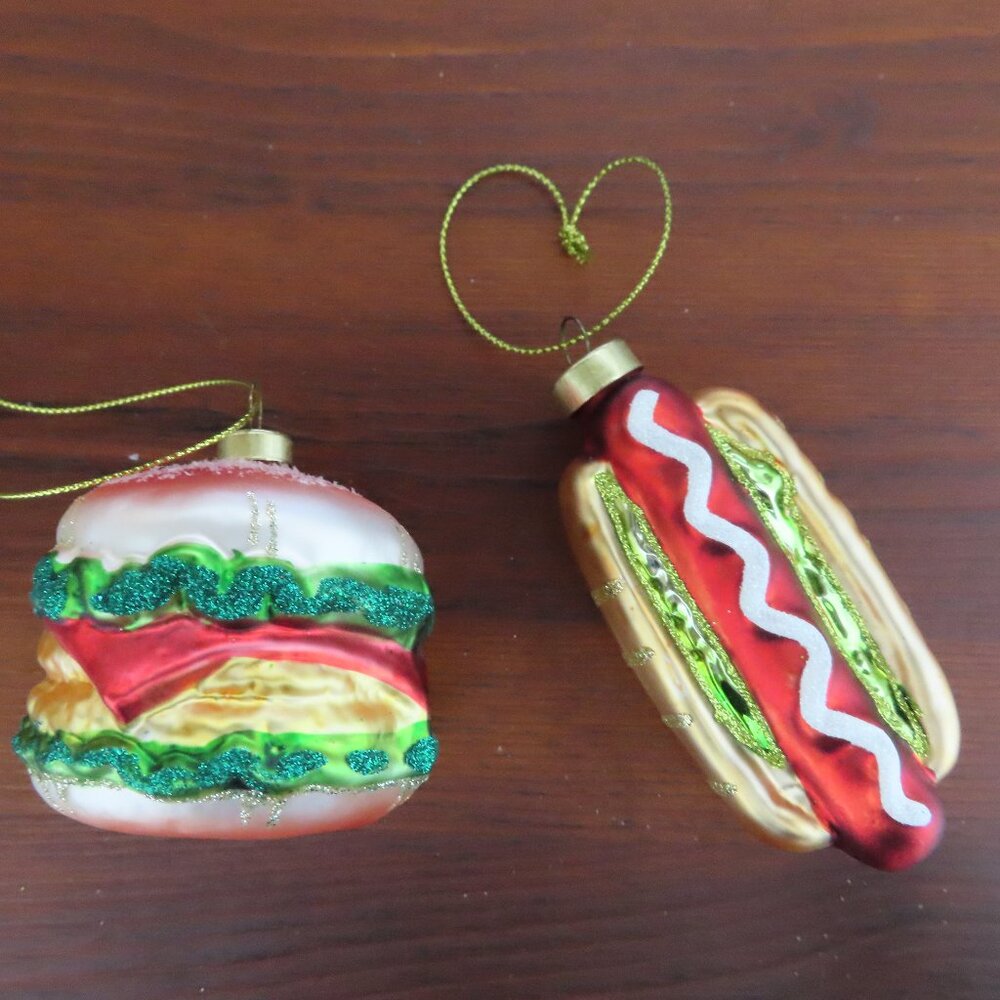 Lot of 2 Crate &Barrel Hamburg and Hot Dog with Relish glass ornament